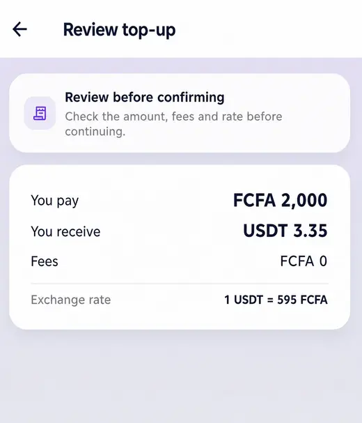 Kora screen showing amount, fees and rate
