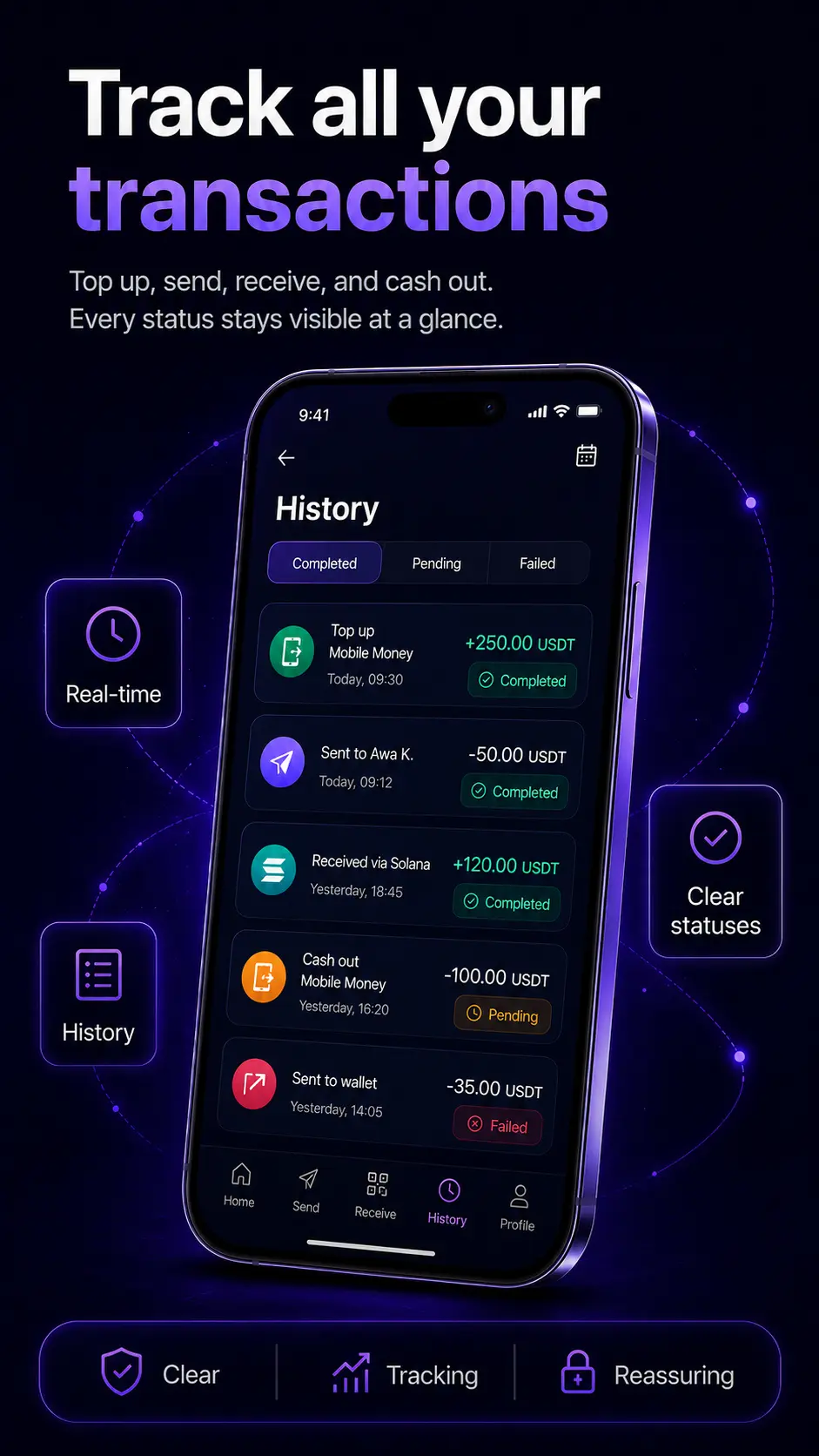 Kora transaction history and statuses